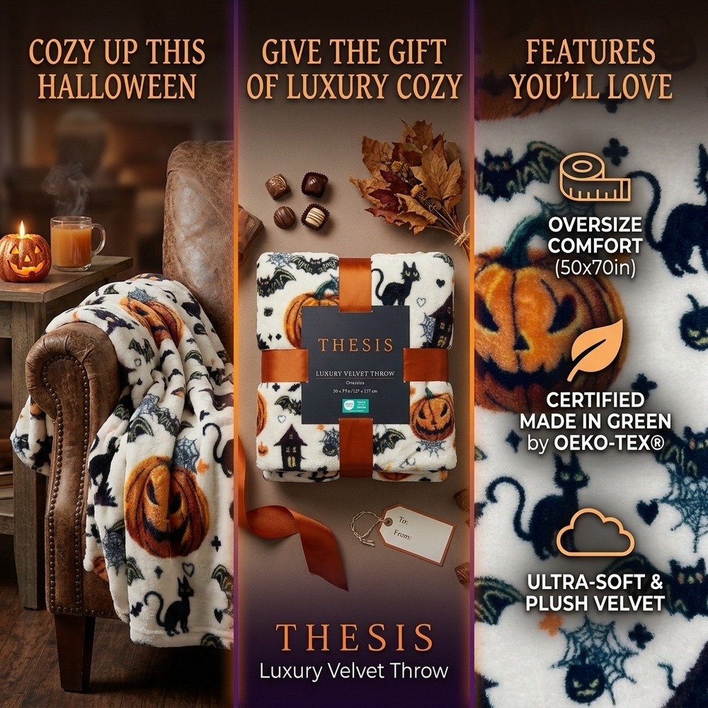 Thesis Luxury Velvet Throw Halloween Pumpkin Black Cat Bat Oversize 50x70 NWT